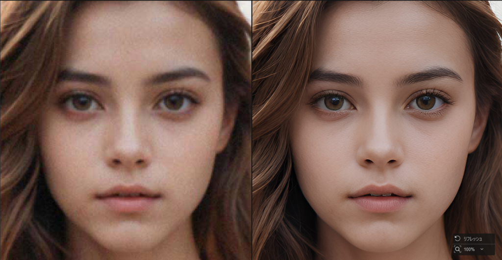 Aiarty Image Enhancerで低解像度の人物画像を高画質化した比較。左が元画像、右が処理後